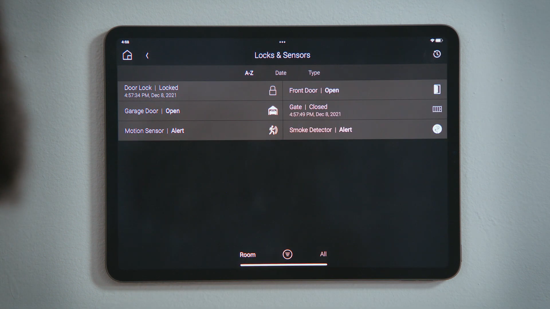 Load video: How do I… check my locks and sensors?  Did you remember to close the garage door? Is your door locked? Where are the kids playing now? Your Control4 system can tell you all that and more at a glance!  Tap security and then tap locks &amp; sensors to all of the locks, doors and sensors integrated into your Control4 system by your installer.   You may see motion sensors, smoke and carbon monoxide detectors, water leak sensors, and door sensors indicating if there is motion, smoke, a leak or an open door. These sensors cannot be actively controlled, tapping them does not do anything.   Other devices, like door locks, garage doors and gates can be controlled. Tap them to toggle their state: locking the door, closing the garage door and the gate.   In the navigation bar you can sort these devices alphabetically, by date which sorts by when they last changed state, or by type of device.   The filter bar can display only the devices in this room, or all devices in the whole house. The filter icon will filter the list to only show those devices in an active, or unsecure state.   For devices that you would want to view or control the most, tap and hold that device to favorite to room for quicker and easier access. And that’s how you check your locks and sensors!
