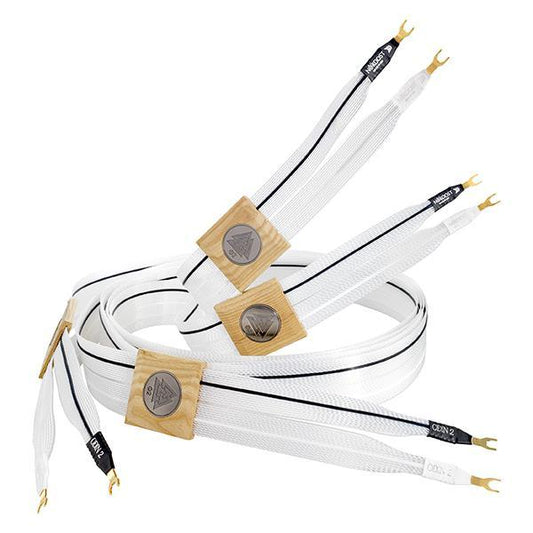 White Odin 2 speaker cables with spade connectors